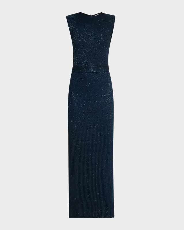 Pleated Sequin Row Knit Sleeveless Gown